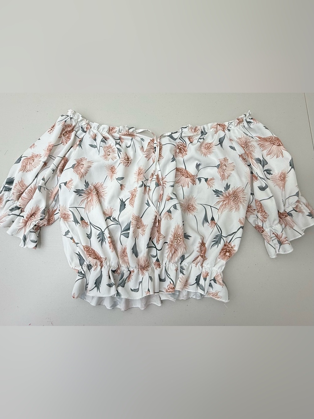 Smocked Off-Shoulder Floral Blouse in White with Blush Floral